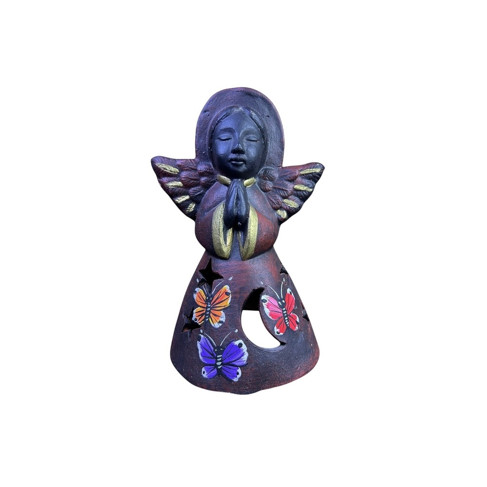 Large Mexican Folk Art Clay Angel Candle Holder, Hand Painted Butterflies